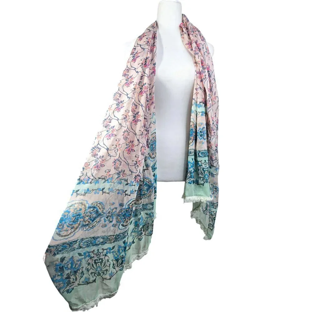 BCBGeneration Blue Pink Floral Tassel Long Wrap Scarf